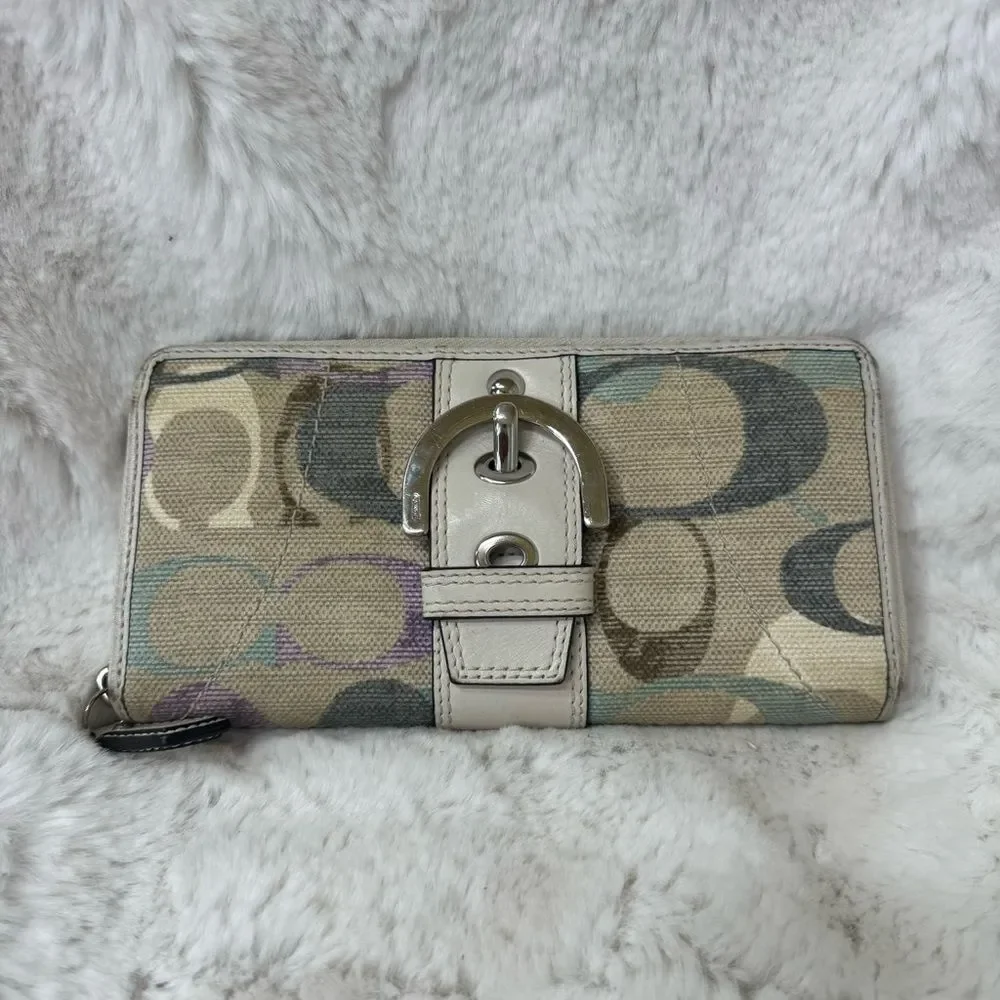 Coach Tan Multicolor Soho Optic Credit Card Zip Around Buckle Wallet